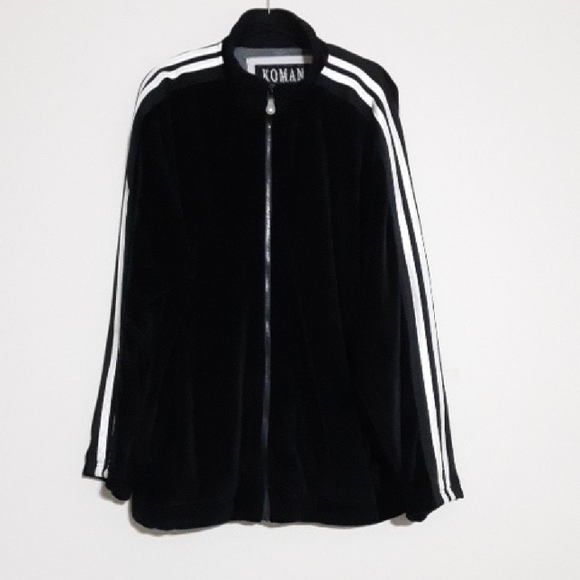 Vintage Koman Black track Jacket with White Stripes full zip Velour soft Y2K 2XL